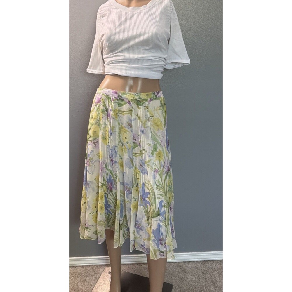Jones New York 100% Silk Pastel Floral Print Skater Skirt 10 Petite Lined MIDI